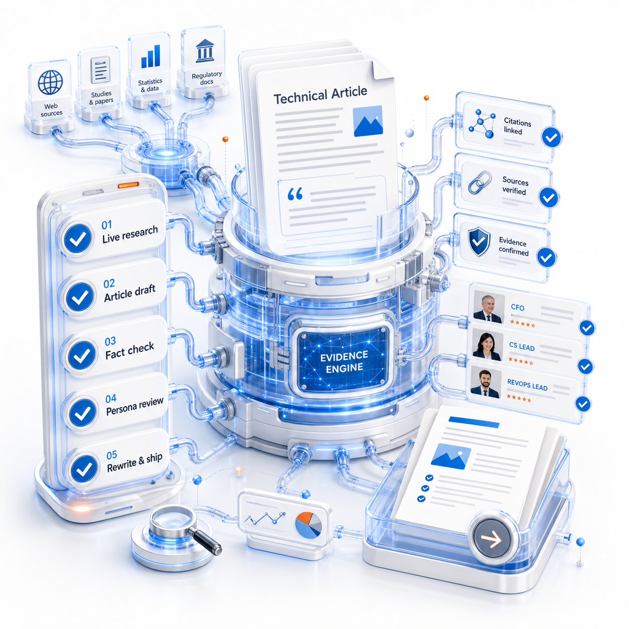 Technical Article Content Engine visual showing five checked stages: live research, article draft, fact check, persona review, and rewrite and ship