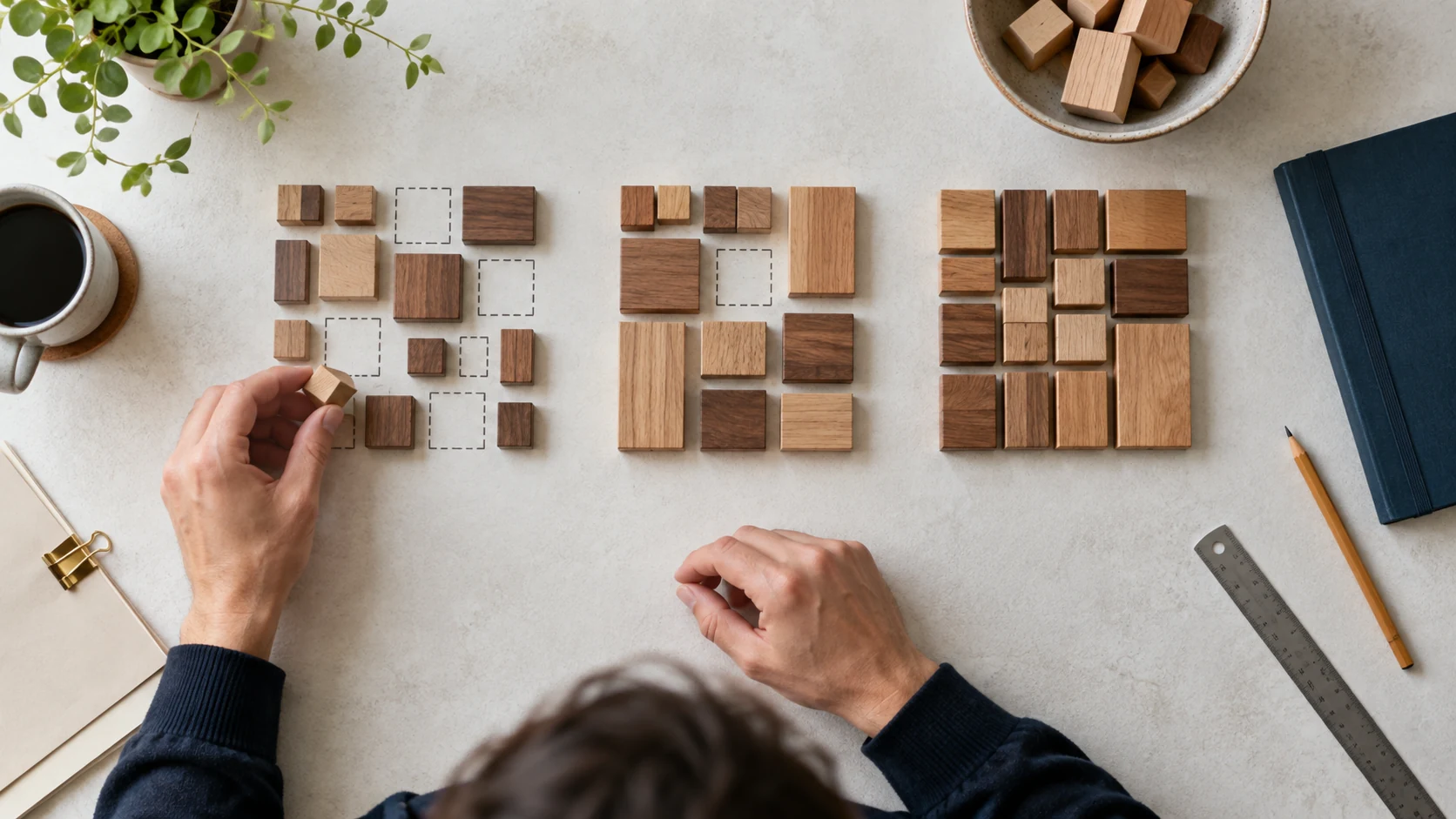 Wooden blocks sorted into groups with different sizes and gaps.