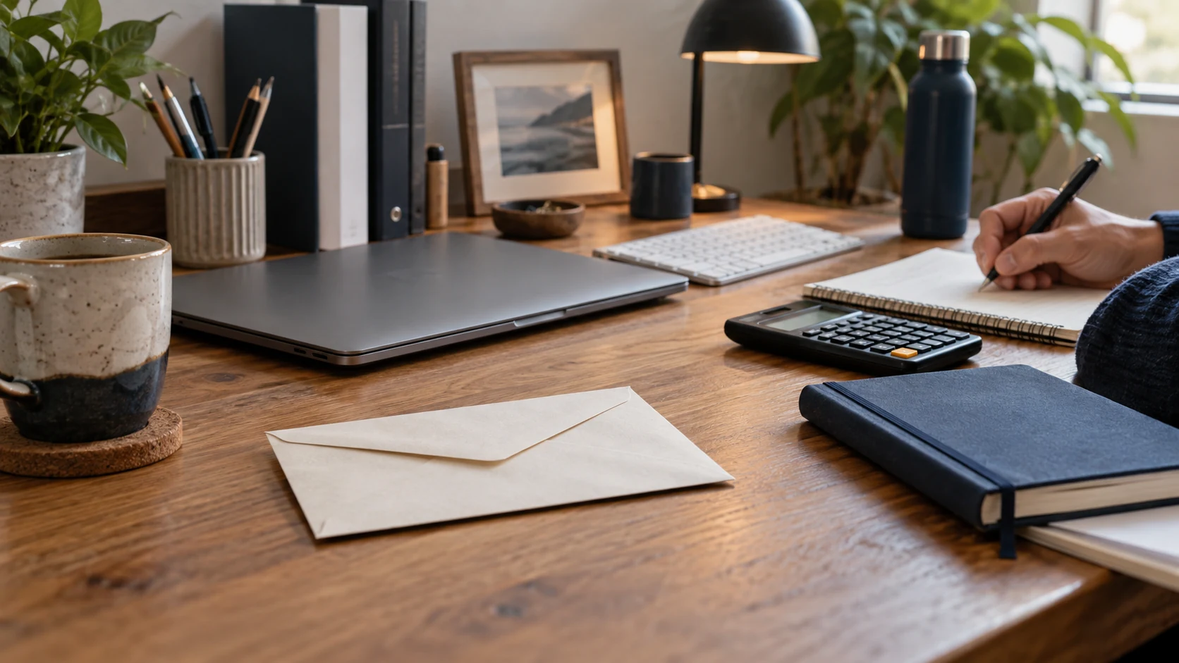 Work tools and a notebook surround a small salary envelope on a desk.