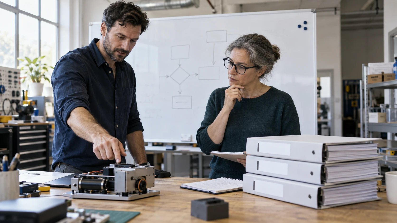 Engineer and documentation lead discuss the scope beside a product prototype.